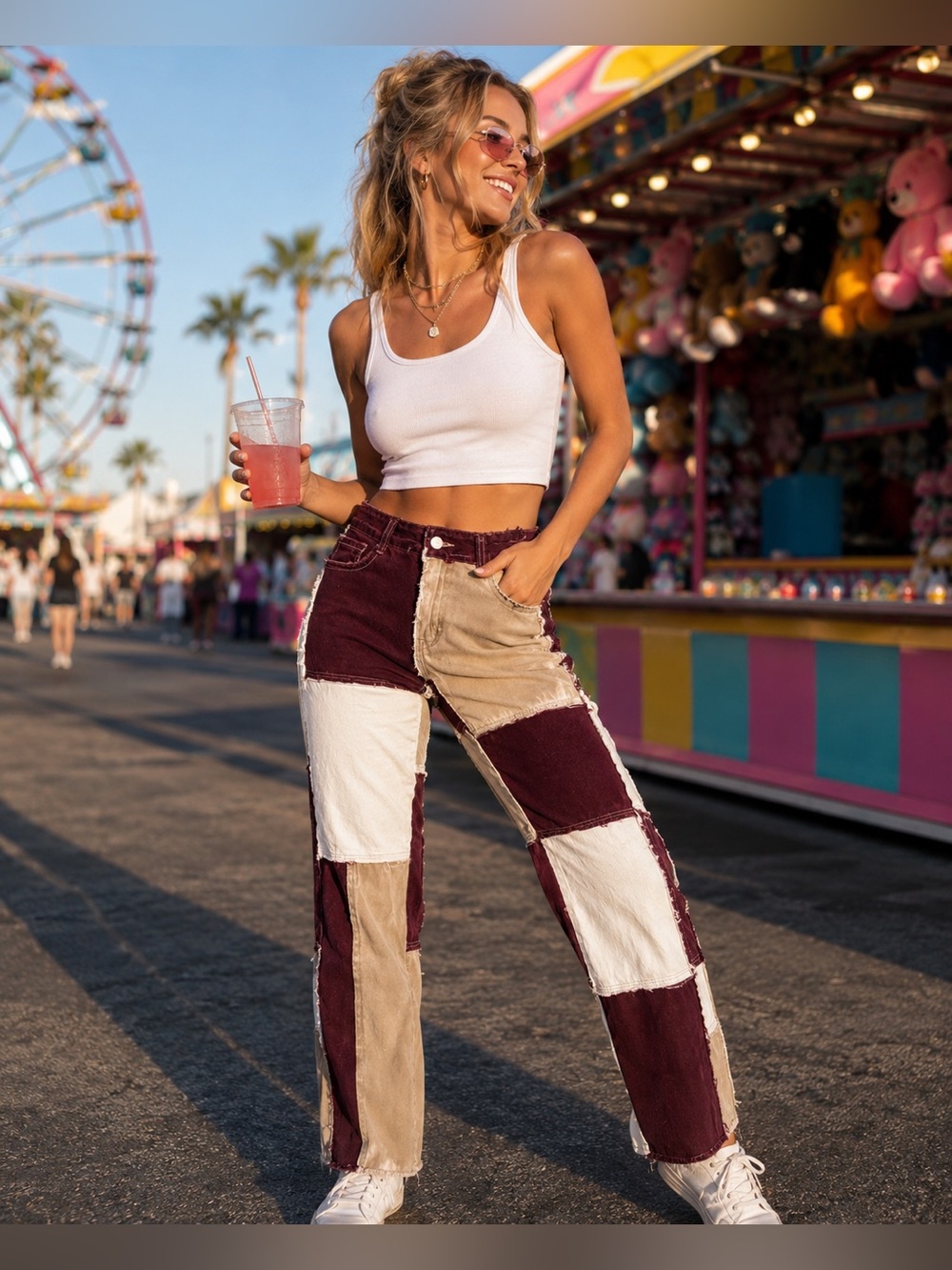 Colorful Natalie Patchwork Color Block Straight Leg Jeans Burgundy Tan Cream